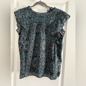 White House Black Market Teal and Black Patterned Ruffle Sleeve Blouse